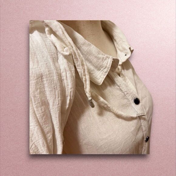 WE THE FREE BUTTON DOWN WHITE CRINKLE PUFF LONG SLEEVES WITH TIES LARGE ROMANTIC - Picture 8 of 13